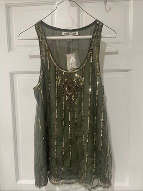 Andrew Charles Olive Sheer Sequin-Embellished Tank